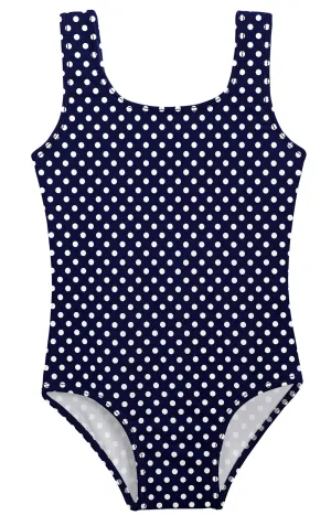 Girls UPF 50  One Piece Swimsuit | Navy w- White Polka Dot