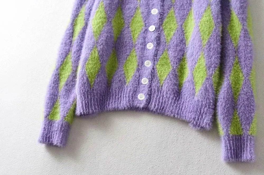 Knit Contrast Single-breasted Argyle Pattern Cardigans
