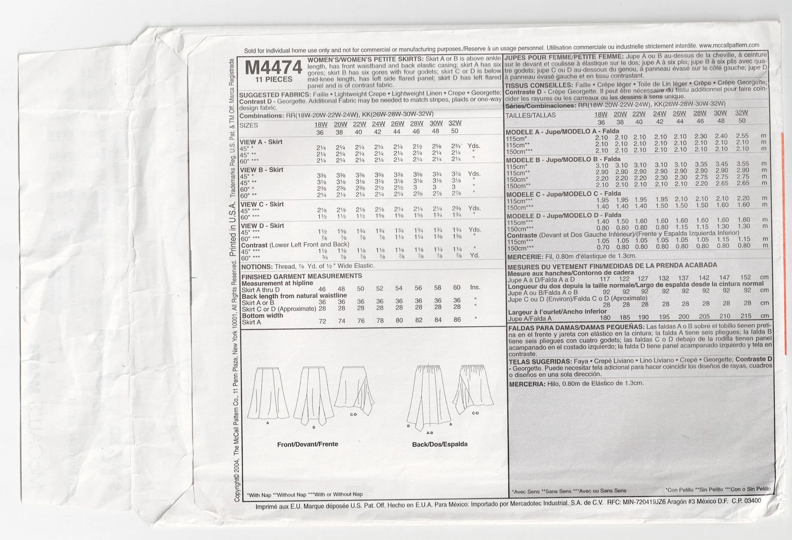 McCall's 4474 Womens Panelled Asymmetric or Godet Skirts Out Of Print Sewing Pattern Size 18W - 24W UNCUT Factory Folded