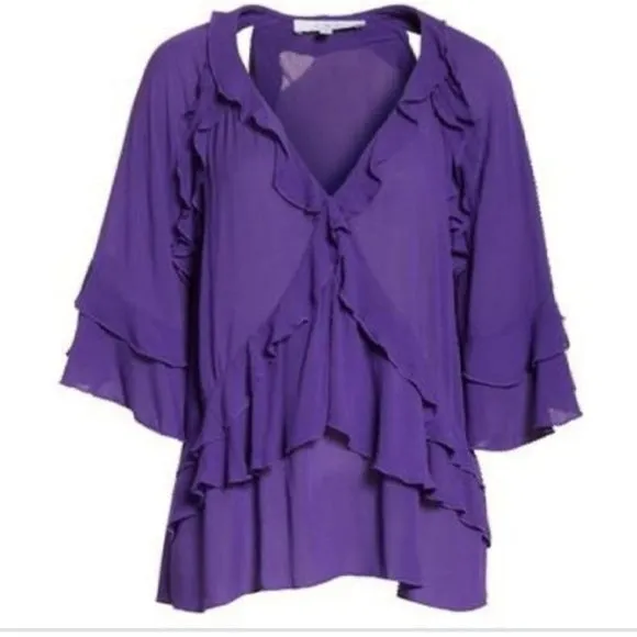 New Women's IRO Abby purple ruffle shirt in 100% Viscose silk, Sz 10/12, Retails $265 
