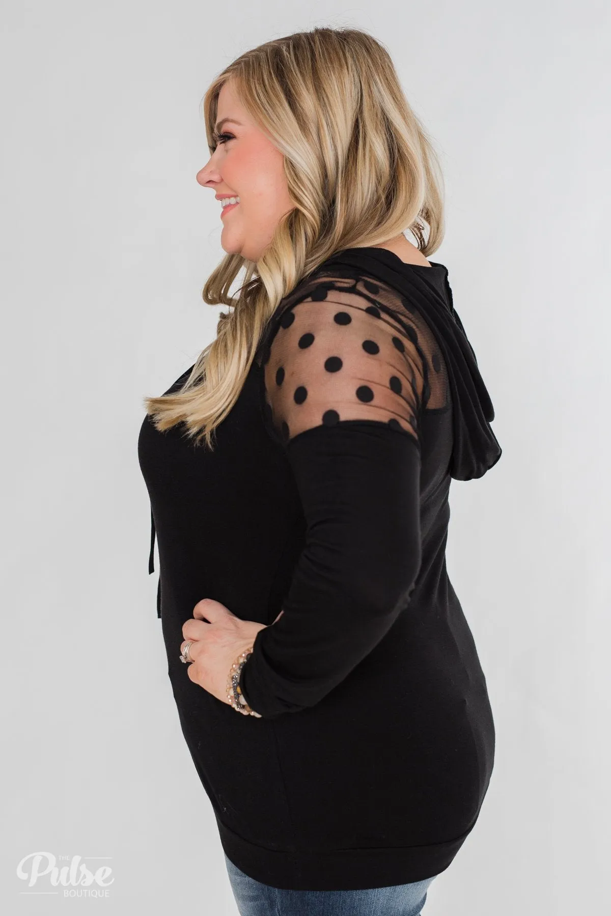 Polka Dot Mesh Drawstring Hoodie- Black