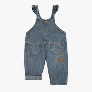 Salopette ample à jambe droite avec volants en denim bleu foncé, bébé || Loose fit overalls with ruffles and straight leg in dark blue denim, baby 