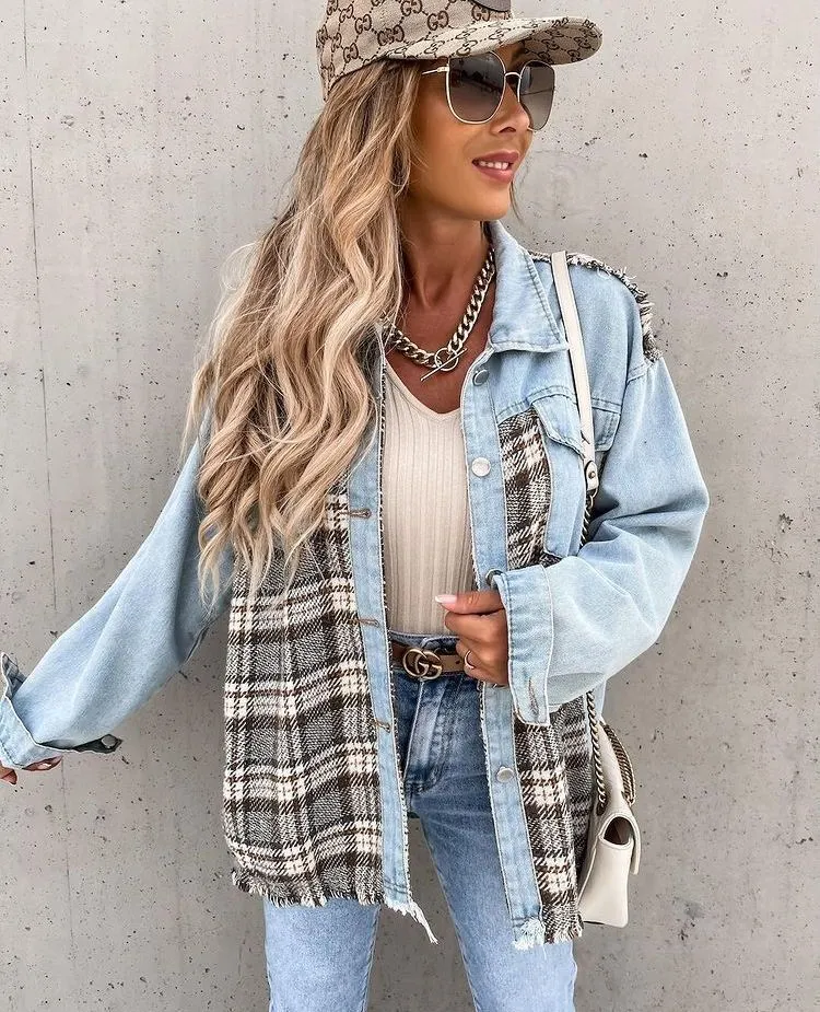 Single-breasted Pile Collar Grid Pattern Denim Outerwear Cardigans