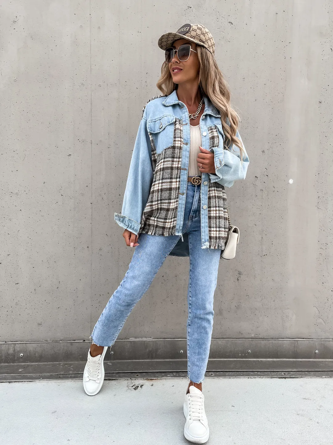 Single-breasted Pile Collar Grid Pattern Denim Outerwear Cardigans