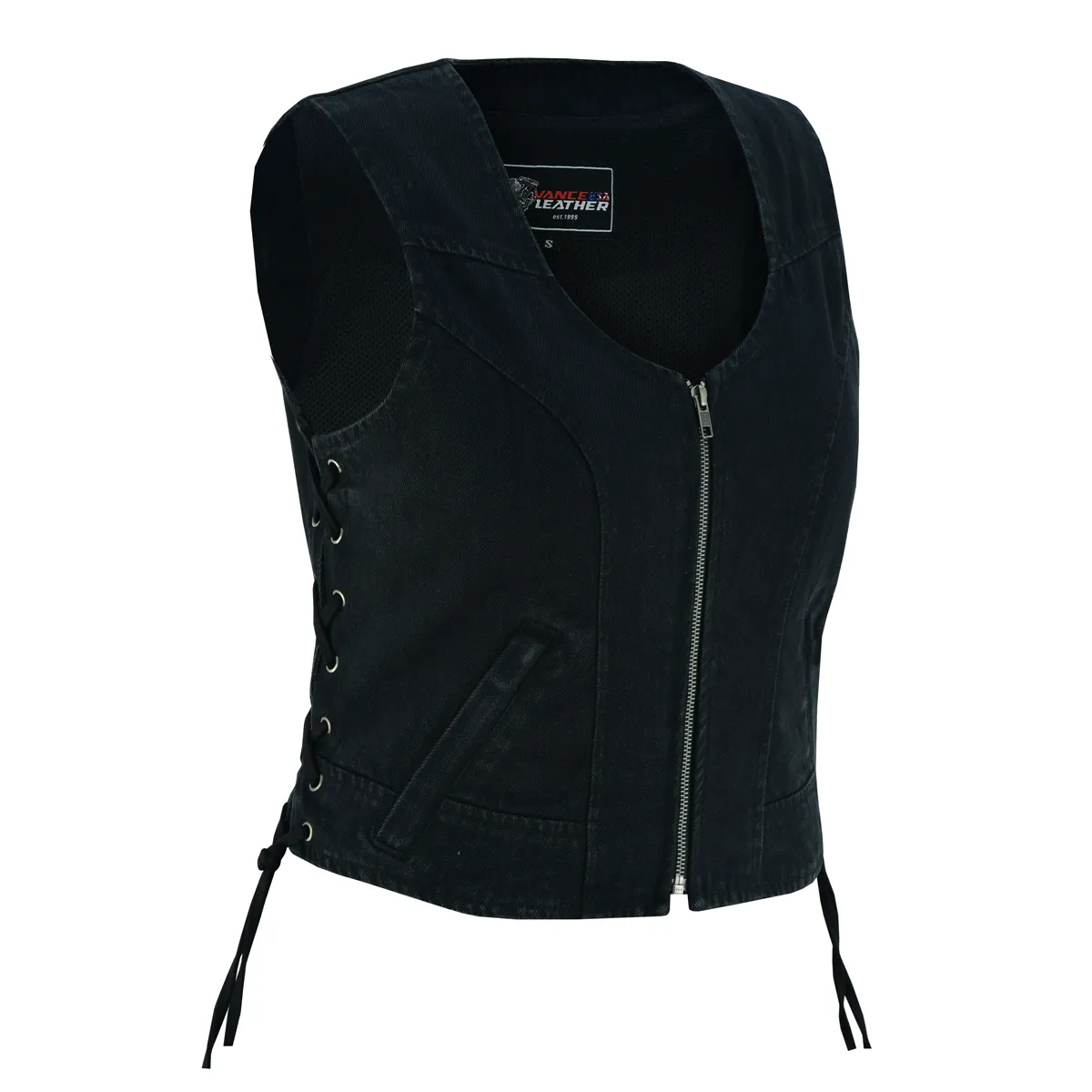 VB1042 Women's Black Denim V Neck Vest with Zipper & side laces