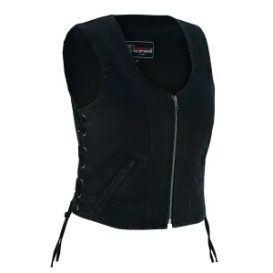 VB1042 Women's Black Denim V Neck Vest with Zipper & side laces