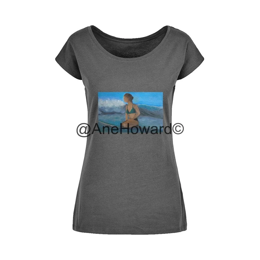 Wide Neck Women's Cotton T-Shirt Surfer Waiting for the next Wave