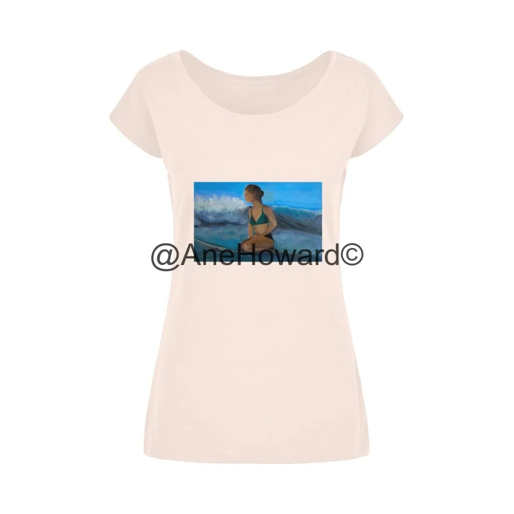 Wide Neck Women's Cotton T-Shirt Surfer Waiting for the next Wave