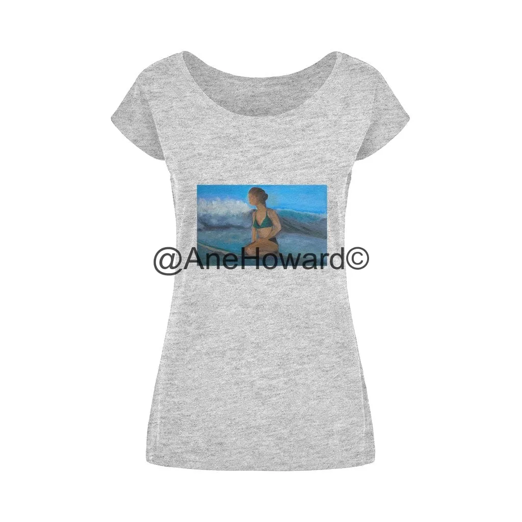 Wide Neck Women's Cotton T-Shirt Surfer Waiting for the next Wave