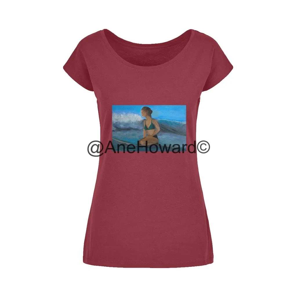Wide Neck Women's Cotton T-Shirt Surfer Waiting for the next Wave
