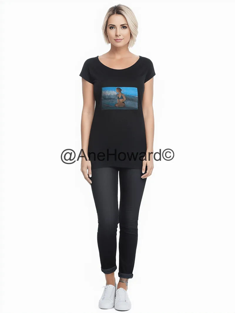 Wide Neck Women's Cotton T-Shirt Surfer Waiting for the next Wave