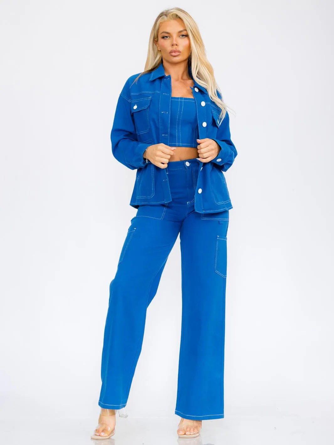 WOMEN'S LONG SLEEVE BUTTON CLOSURE POCKETS DENIM JACKET